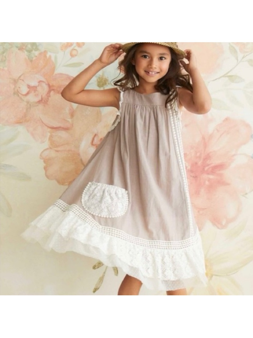 chasing fireflies Girl’s Willow Prairie Dress Cotton Cottage Lace Tucks Taupe